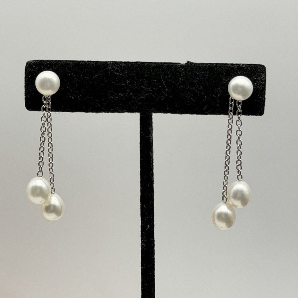 Sterling Silver White Pearls Double Strand Convertible Dangle Drop Stud Earrings